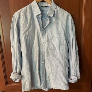 Men’s linen button down shirt medium light blue plaid boho brand